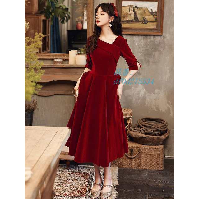 成人式ドレス ベロア ワイン赤 パーティードレス 5分袖 ゲストドレス