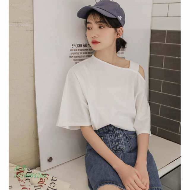 カットソー レディース 春夏 ワンショルダー トップス Tシャツ 白 半袖