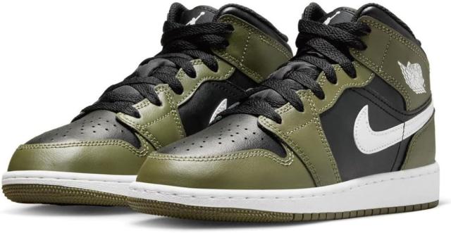 [ナイキ] エア ジョーダン 1 ミッド GS [J AIR JORDAN 1 MID GS] ブラック/ミディアムオリーブ/ホワイト DQ8423-092