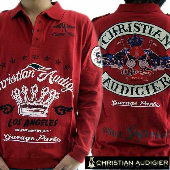 【新品】 【メール便対応】 【レビューを書いて送料無料】 ★Christian Audigier クリスチャン オードジェー L/S ポロシャツ ガレージ パーツ レッド
