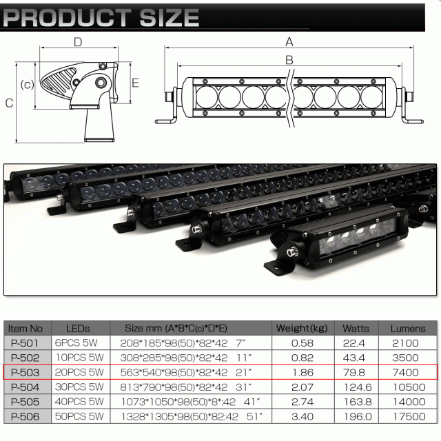 LED ライトバー 21インチ(540mm) 100W 狭角15度ハイパー スポット 12V