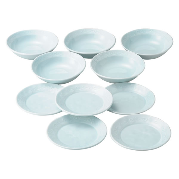 【送料無料】波佐見焼　青白磁凜水　唐草紋皿鉢１０客揃　　００４−６８０Ｍ【ギフト館】