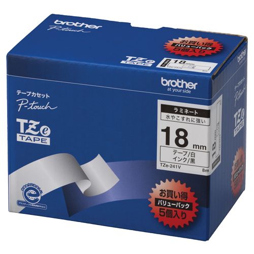 ピータッチ TZeテープ ラミネートテープ 18mm 白/黒文字 業務用パック 1パック(5個)