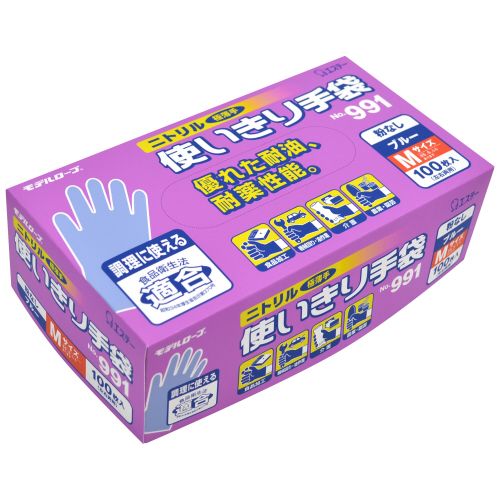 モデルローブNo.991ニトリル使いきり手袋　粉無　M　ブルー　1セット(300枚:100枚×3箱)