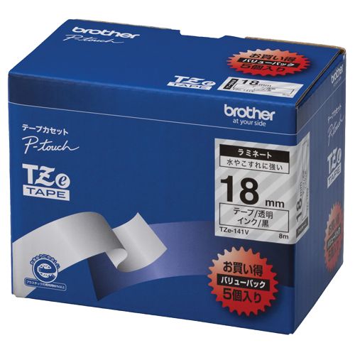 ピータッチ TZeテープ ラミネートテープ 18mm 透明/黒文字 業務用パック 1パック(5個)