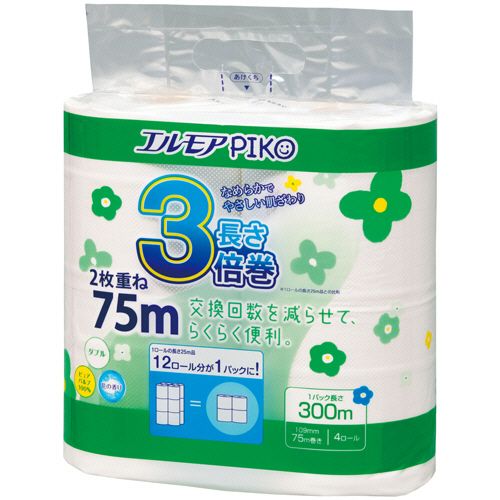 エルモア ピコ 3倍巻トイレットロール 花の香り ダブル 75m 1セット(48ロール:4ロール×12パック)
