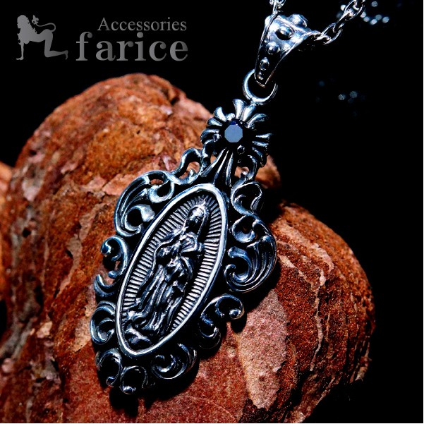 聖母マリア オニキス付きクロスフローリー(百合の花の十字紋章)&アラベスク装飾 シルバー925 メンズ ペンダント ネックレスの通販は