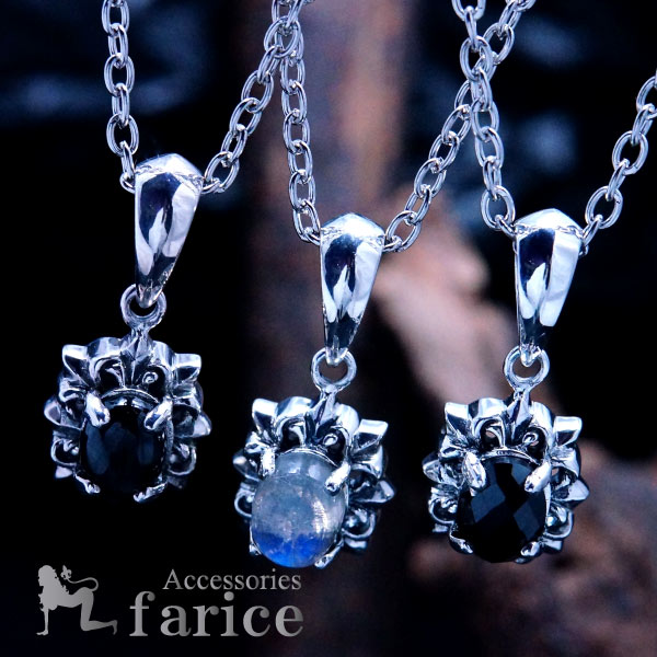 天然石 【レインボームーンストーンorブラックスターorオニキス】 百合の花縁取り・4フラワー シルバー925 ネックレス