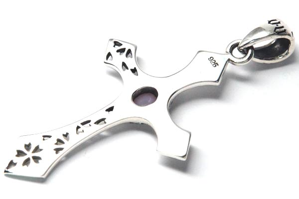シルバー925 ペンダント ネックレス 和柄 和風 天然石 ローズクォーツ クロス 十字架 桜 チェリー 花 フラワー メンズ_3