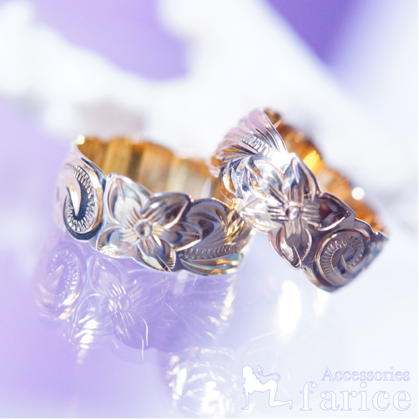 プルメリア(花)＆スクロール(波)カットアウトトロピカルデザイン イエローゴールドカラーハワイアンジュエリーリング【8mm幅】の通販は 5,040円