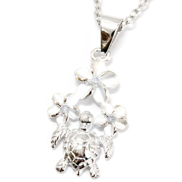 ハワイアンジュエリー ペンダント ネックレス プルメリア 花 ホヌ 海ガメ トライアングル CZ レディース シルバー925