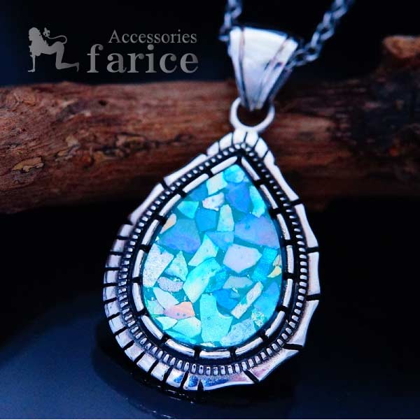 インディアンジュエリー ローマングラス 水色 緑 フラワー 花 シンプル メンズ レディース ティアドロップ 雫 ペンダント ネックレスの通販は 6,703円