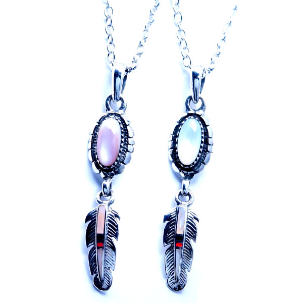 シェル装飾 フラワー&amp;フェザー(花&amp;羽)2連デザイン インディアンジュエリー シルバー925 ネックレス【ピンクorホワイト】_1