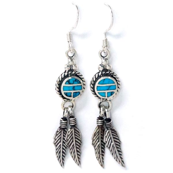 インディアンジュエリー ターコイズ インレイ フックピアス フェザー