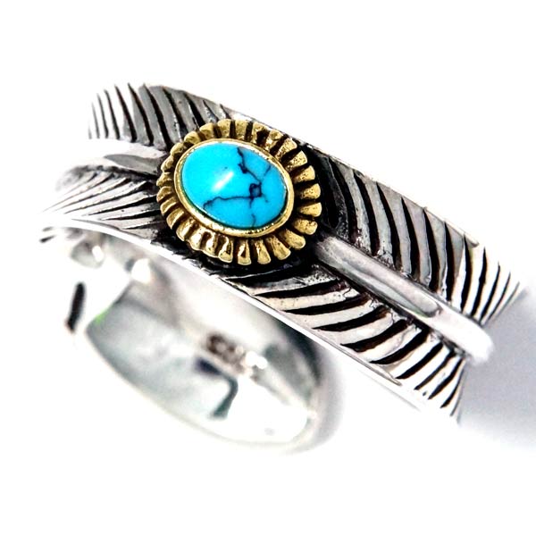 インディアンジュエリー リング フェザー 羽 内反り 天然石 ターコイズ イエローゴールド シルバー925 メンズの通販は