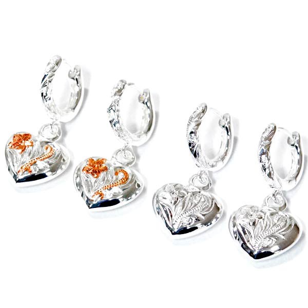 ハワイアンジュエリー フープピアス ハート ドロップ プルメリア 花 スクロール シルバー925 【ピンクゴールド/シルバー】 の通販は