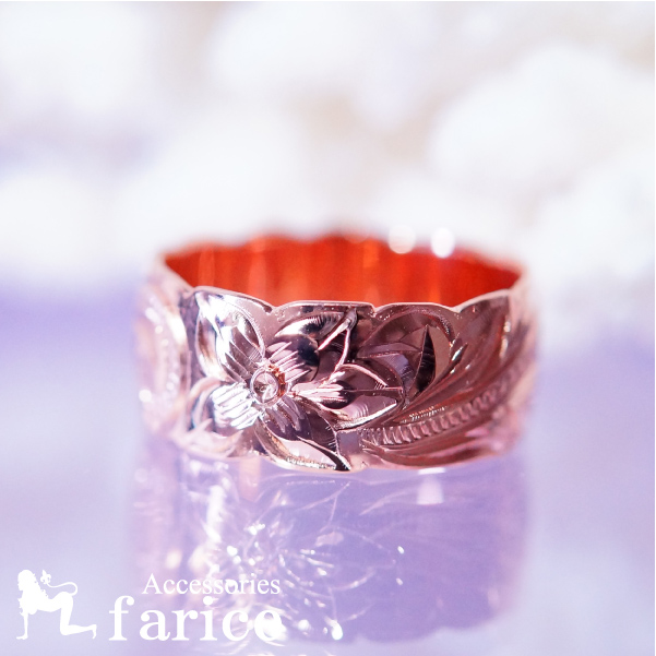 プルメリア(花)＆スクロール(波)彫り ピンクゴールドカラー カットアウトデザイン レディースハワイアンジュエリーリングの通販は 4,687円