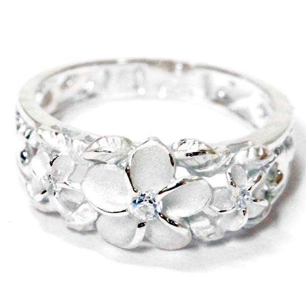 ハワイアンジュエリー リング 3プルメリア 花 リーフ 葉 スクロール 波 透かし彫り ジルコニア レディース シルバー925の通販は 5,390円