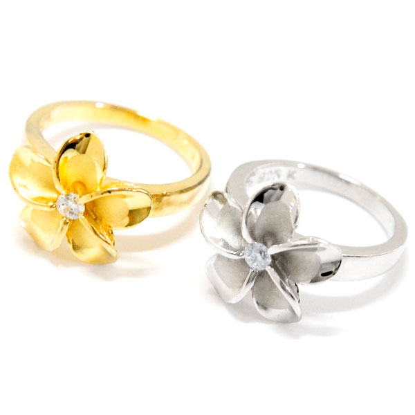 ハワイアンジュエリー リング プルメリア 一輪花 フラワー クリアジルコニア シルバー925 【シルバー/イエローゴールド】の通販は