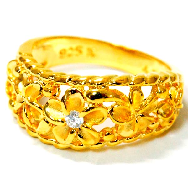 ハワイアンジュエリー リング プルメリア 花 クリアジルコニア 透かし スパイラル イエローゴールド レディース シルバー925の通販は 5,510円