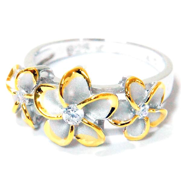 ハワイアンジュエリー リング プルメリア 花 立体 クリアジルコニア イエローゴールド ペアカラー レディース シルバー925の通販は 5,010円