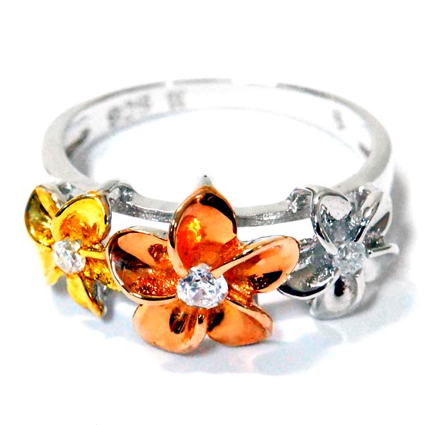 ハワイアンジュエリー リング プルメリア クリアジルコニア ピンクゴールド イエローゴールド トリニティカラー シルバー925