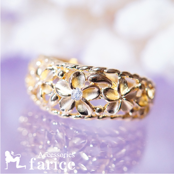 プルメリア 花 クリアジルコニア装飾 イエローゴールドカラー レディース ハワイアンジュエリー シルバー925 リングの通販は