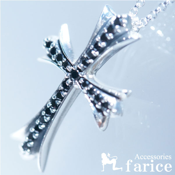 クロス 十字架 ブラックジルコニア ライン装飾 シルバー925 ペンダント ネックレス