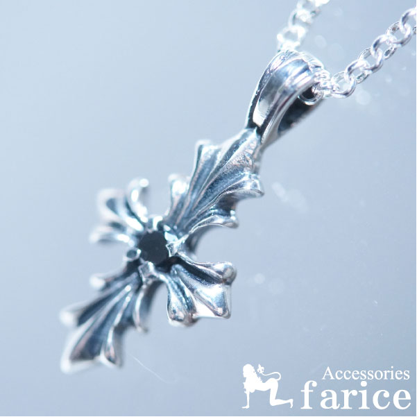 クロス 十字架 百合の花の装飾 ブラックジルコニア シルバー925 ペンダント ネックレス