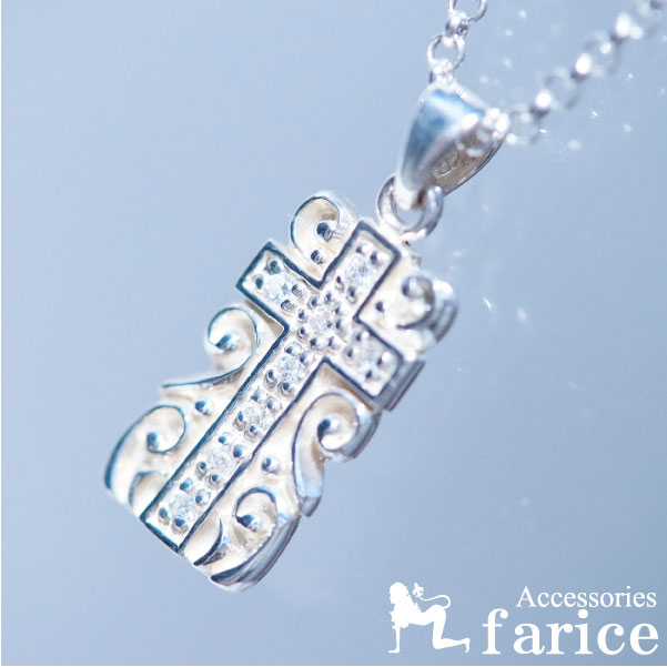 クロス 十字架 アラベスク クリアジルコニア プレート 白仕上げ シルバー925 ペンダント ネックレス