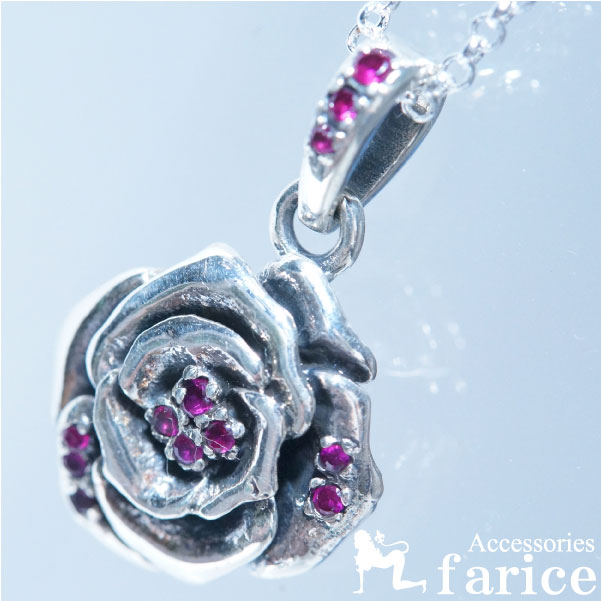 ローズ 薔薇の花 レッドジルコニア シルバー925 ペンダント ネックレス