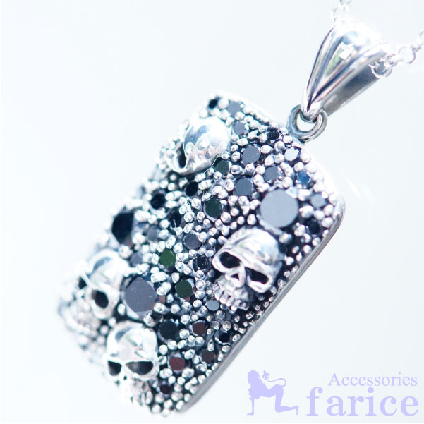 スカル 髑髏 ブラックジルコニア パヴェ装飾 プレート シルバー925 ペンダント ネックレスの通販は 8,299円