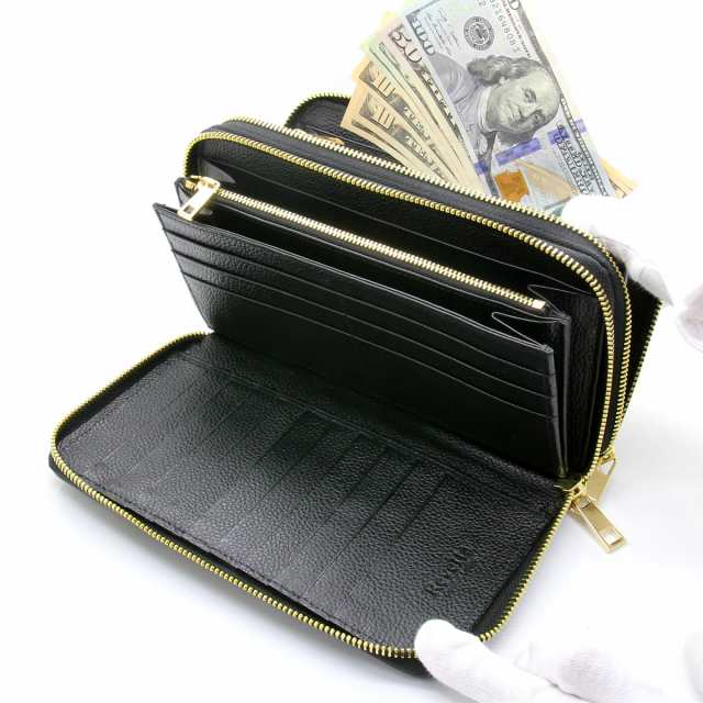 Revetta クロコダイル 長財布 大容量 40枚カード入れ 財布 ワニ革 メンズ ブラック 黒 ダブルラウンドファスナー ゴールド 本革