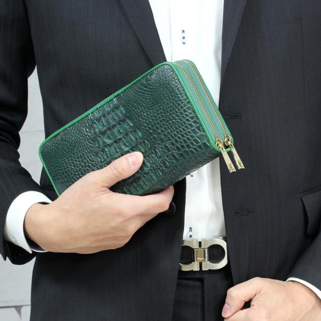 [Revetta] クロコダイル 長財布 大容量 40枚カード入れ 財布 ワニ革 メンズ グリーン 緑 ダブルラウンドファスナー 本革 一枚革_5