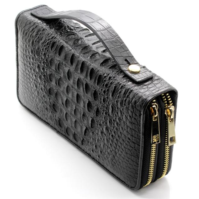 [Revetta] クロコダイル 長財布 大容量 40枚カード入れ 財布 ワニ革 メンズ ブラック 黒 ダブルラウンドファスナー 持ち手付き ハンドル