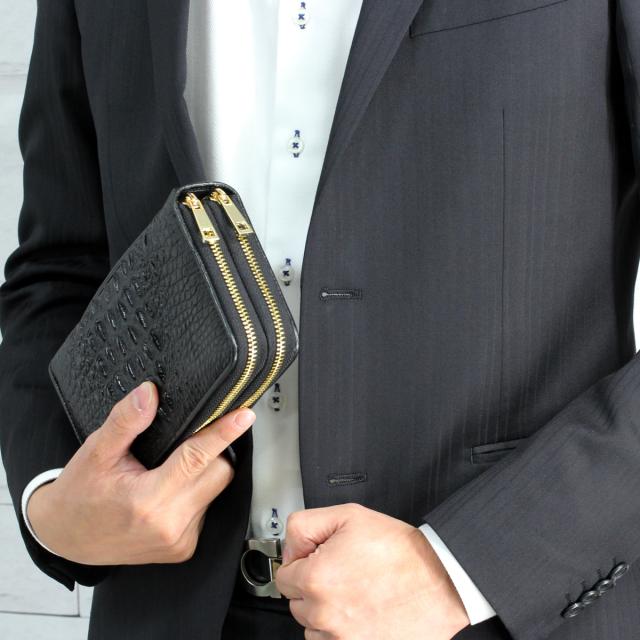 [Revetta] クロコダイル 長財布 大容量 40枚カード入れ 財布 ワニ革 メンズ ブラック 黒 ダブルラウンドファスナー 持ち手付き ハンドル_6