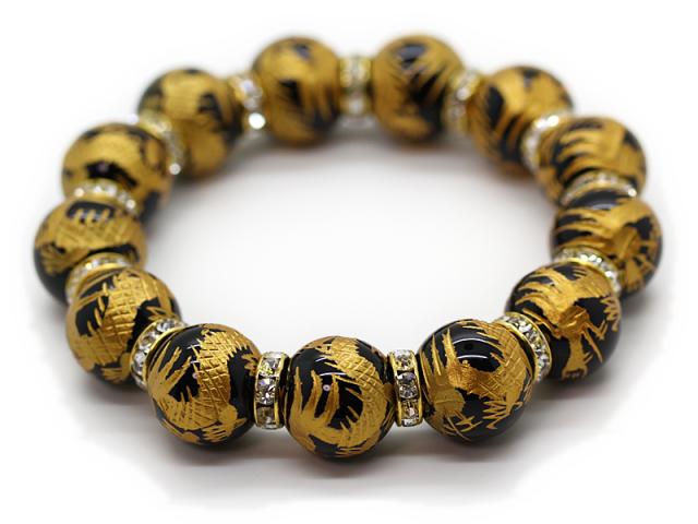 石輝　金彫り五本爪皇帝龍オニキス16ｍｍゴールドロンデル数珠ブレスレット★パワーストーン
