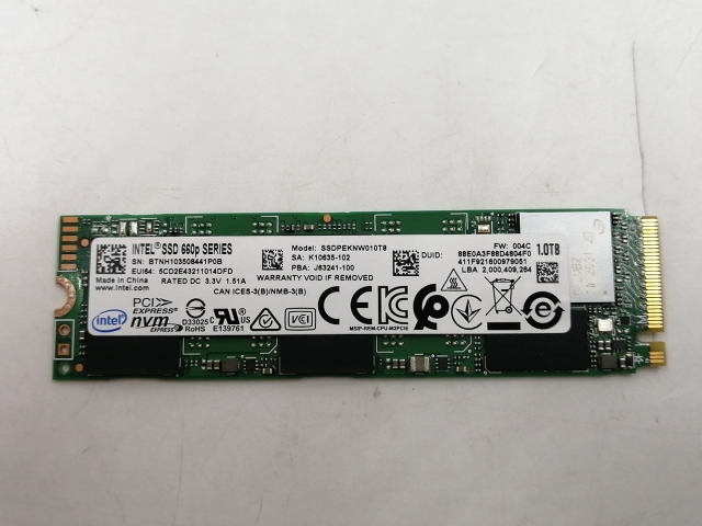 【中古】Intel SSD 660p SSDPEKNW010T8X1 1TB/M.2 2280(PCIe3.0 NVMe)/QLC【千葉】保証期間１週間