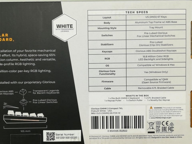 【未使用】Glorious PC Gaming Race Glorious GMMK 2 65% Pre-Built GLO-GMMK2-65-FOX-W [White/US配列]【日本橋3】保証期間１週間_2