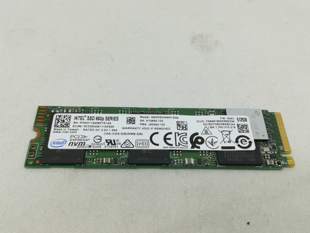 【中古】Intel SSD 660p SSDPEKNW512G8XT 512GB/M.2 2280(PCIe3.0 NVMe)/QLC【川崎】保証期間１週間