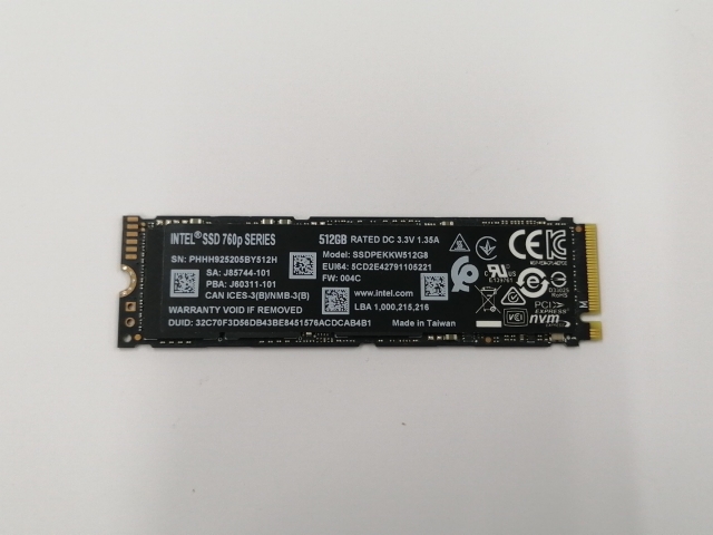 【中古】Intel SSD 760p SSDPEKKW512G8XT 512GB/M.2 2280(PCIe3.0 NVMe)/TLC【町田】保証期間１週間