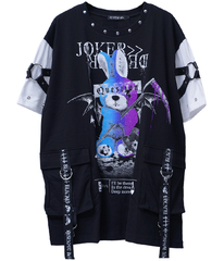 [APPAREL]/セックスポットリベンジ/DEATH BUNNY BLACK ROCK BONDAGE ビッグ カットソー 黒＋白 x 白＋水色紫グラデ (F) ゴスロリ・パンク/SEX POT ReVeNGe