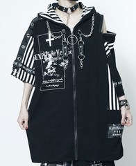 送料無料/[APPAREL]/セックスポットリベンジ/CUSTOM ASYMMETRY DESIGN ストライプ パーカ 黒白ストライプ (F) ゴスロリ・パンク/SEX POT