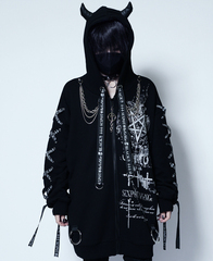送料無料/[APPAREL]/セックスポットリベンジ/CUSTOM LACE UP SLEEVE DEVIL ZIP パーカ 黒 x 白 (F) ゴスロリ・パンク/SEX POT ReVeNGe