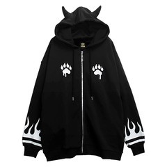 送料無料/[APPAREL]/リッスンフレーバー/虎と炎のツノ付き肉球ジップパーカー(裏毛) BLACK (F) ゴスロリ・パンク/LISTEN FLAVOR