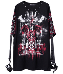 [APPAREL]/セックスポットリベンジ/ROTTEN ROSE BONDAGE WRIST レースアップ カットソー 黒＋赤チェック x 白＋赤 (F) ゴスロリ・パンク/SEX POT ReVeNGe