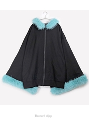 APPAREL]/ディオラート/フードファー・ポンチョ ブラック x ミント (F