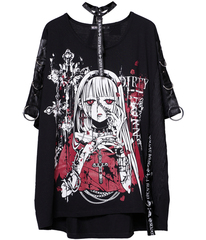 [APPAREL]/セックスポットリベンジ/汚い棘 BONDAGE CHOKER WASHER BIG デザイン カットソー 黒 x 白＋赤 (F) ゴスロリ・パンク/SEX POT ReVeNGe