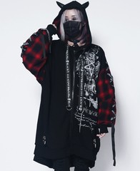 送料無料/[APPAREL]/セックスポットリベンジ/LACE UP SLEEVE DEVIL ZIP パーカ 赤チェック + 黒 x 白 (F) ゴスロリ・パンク/SEX POT ReVe