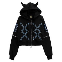 送料無料/[APPAREL]/リッスンフレーバー/束縛のツノ付き2WAYクロップドパーカー(裏毛) BLACK (F) ゴスロリ・パンク/LISTEN FLAVOR